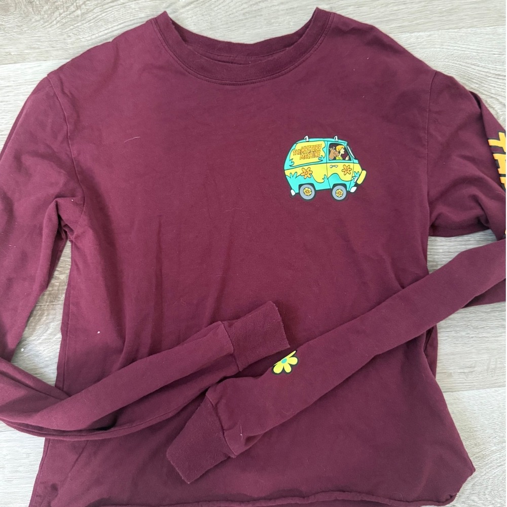 Scooby-Doo Mystery Machine Long Sleeve Graphic Tee Maroon XS Raw Hem